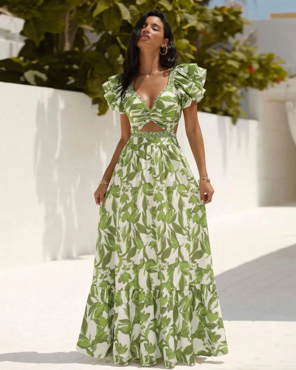 Tropical Green Set — Ruffled Swimsuit & Maxi Skirt