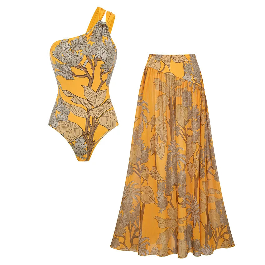 Set Sunny — One-Shoulder Botanical Swimsuit & Maxi Skirt