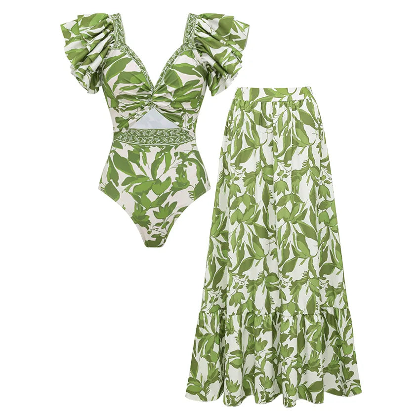 Tropical Green Set — Ruffled Swimsuit & Maxi Skirt